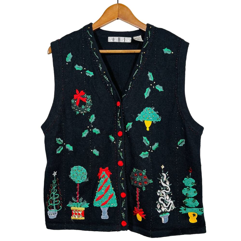 Vintage OHI Christmas Vest Knit Embroidered Beaded Black Green - XL